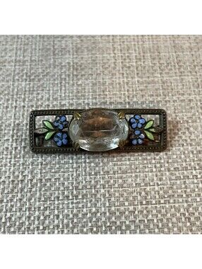 Art Deco Faceted Clear Czech Art Glass & Enamel Forget-Me-Not Bar Brooch -